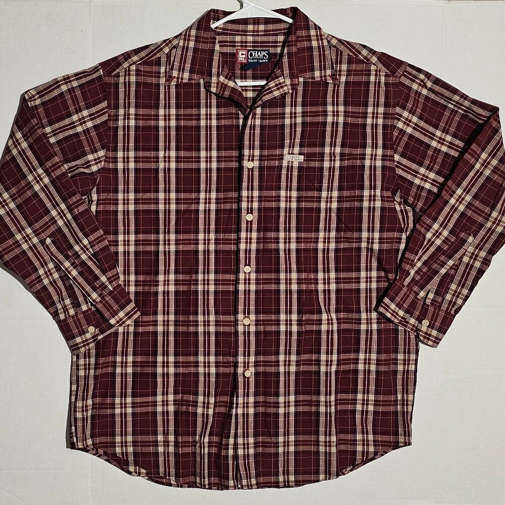 Men's Maroon and Beige Plaid Chaps Long-Sleeve Shirt